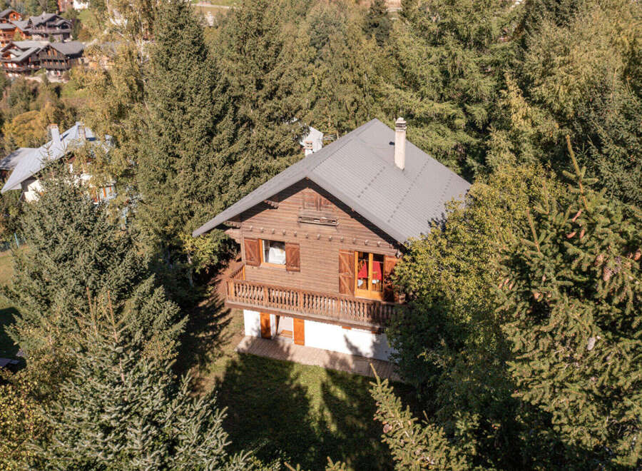 Nestled amidst lush greenery, this charming wooden chalet offers a serene escape.