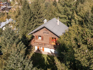 Nestled amidst lush greenery, this charming wooden chalet offers a serene escape.