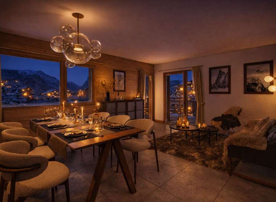 Experience the epitome of luxury living in this stunning property, featuring a beautifully designed dining area perfect for intimate gatherings.