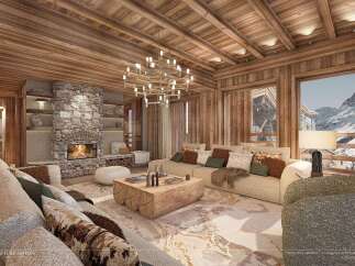 Experience the epitome of luxury living in this stunning chalet, featuring a cozy stone fireplace and exquisite wooden accents throughout.