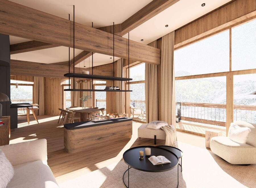 Experience luxury living in this stunning property, featuring a modern design with natural wood elements.