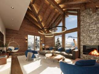 Experience luxury living in this stunning chalet, featuring a cozy fireplace and breathtaking mountain views.