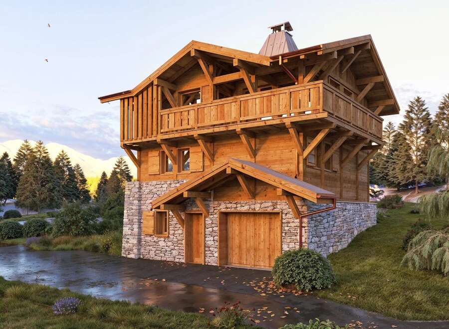 Discover the charm of this stunning wooden chalet nestled in a picturesque mountain setting.