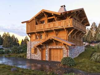 Discover the charm of this stunning wooden chalet nestled in a picturesque mountain setting.