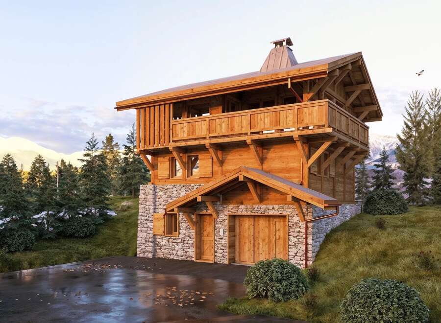 Discover the charm of this stunning wooden chalet nestled in a picturesque mountain setting.