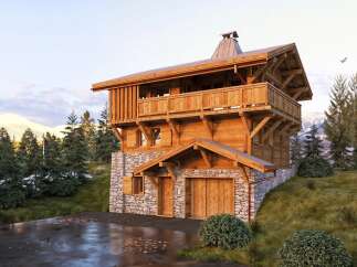 Discover the charm of this stunning wooden chalet nestled in a picturesque mountain setting.