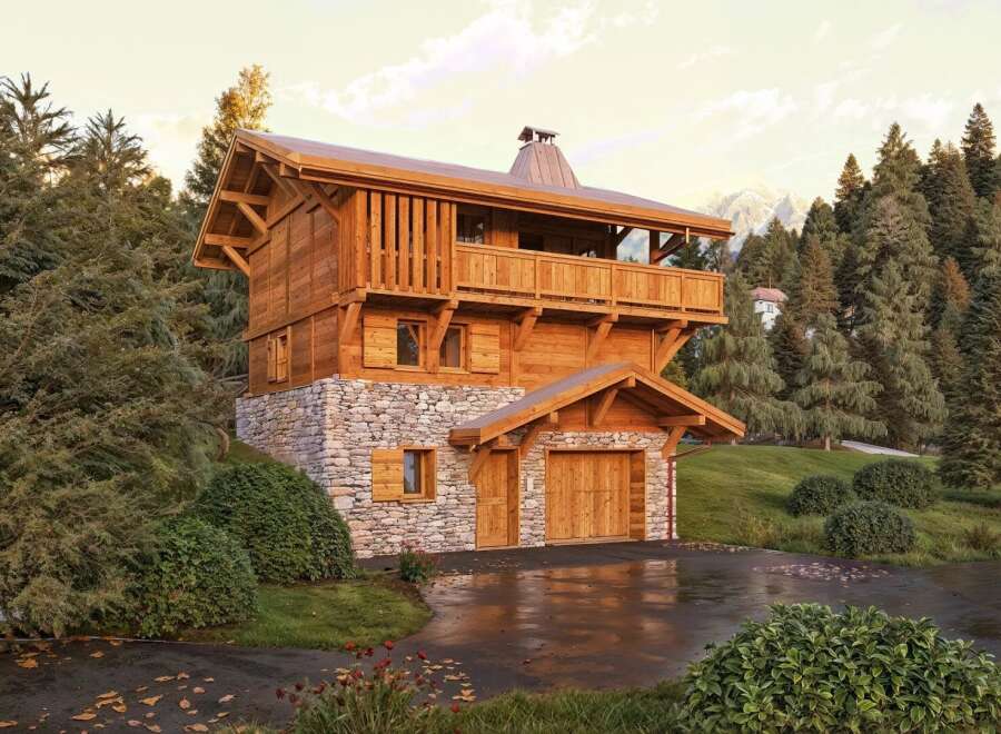 Discover the charm of this stunning wooden chalet nestled in a serene, wooded landscape.