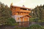 Discover the charm of this stunning wooden chalet nestled in a serene, wooded landscape.