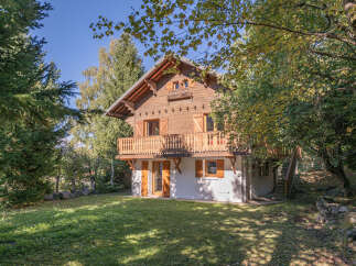 Nestled amidst lush greenery, this charming wooden chalet offers a serene escape.