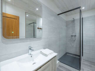 Step into this modern bathroom, featuring a sleek shower enclosure and stylish vanity.