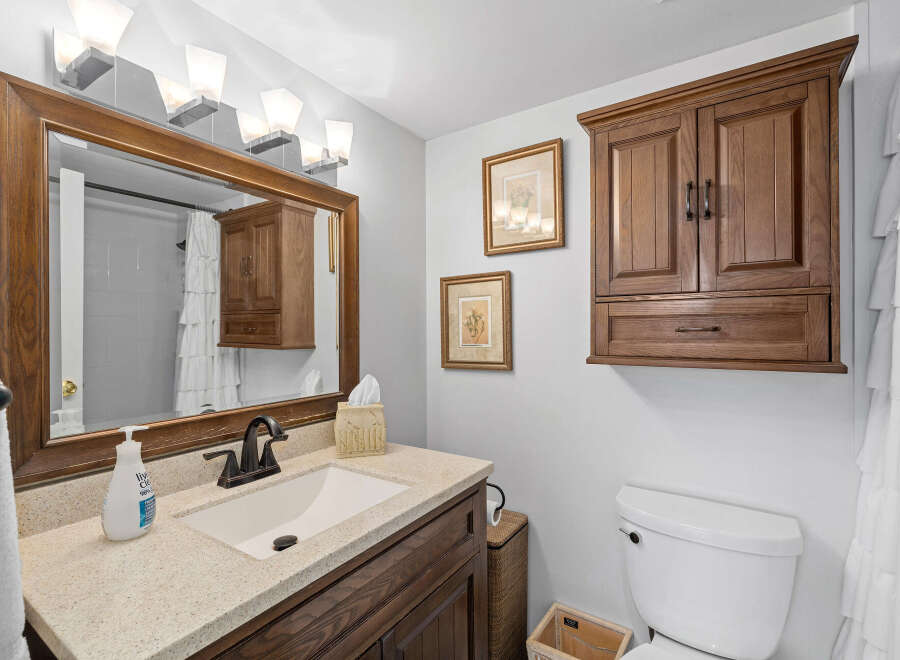 This bathroom features a stylish vanity with a sink, complemented by a large mirror and elegant lighting fixtures.