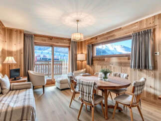Experience the charm of this cozy living space, featuring warm wood paneling and a stunning view of the snowy mountains.