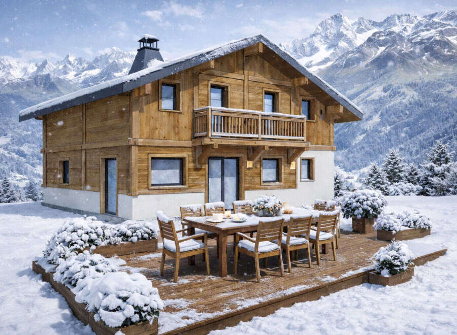 Experience the ultimate winter escape in this stunning chalet nestled amidst snow-capped mountains.