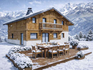 Experience the ultimate winter escape in this stunning chalet nestled amidst snow-capped mountains.