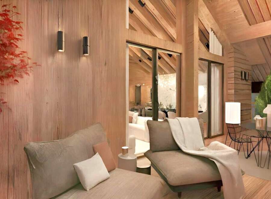 Experience luxury living in this stunning property, featuring a beautifully designed interior with natural wood accents and modern lighting.