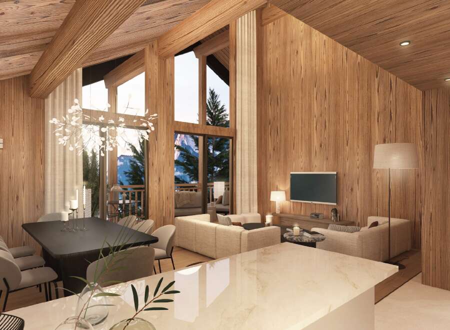 Experience luxury living in this stunning chalet-style home, featuring exquisite wood paneling and soaring ceilings.