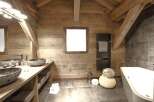 This stunning bathroom boasts a rustic charm with its wooden walls and exposed beams, creating a warm and inviting atmosphere.