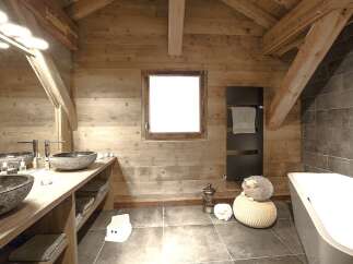This stunning bathroom boasts a rustic charm with its wooden walls and exposed beams, creating a warm and inviting atmosphere.