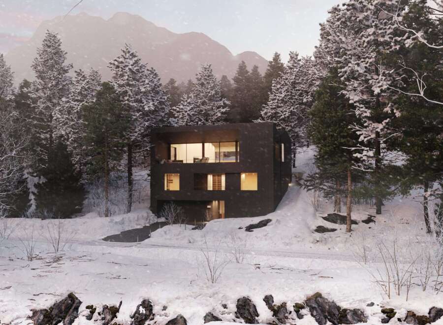 This stunning modern home is nestled in a serene, snow-covered forest, offering a perfect blend of luxury and nature.