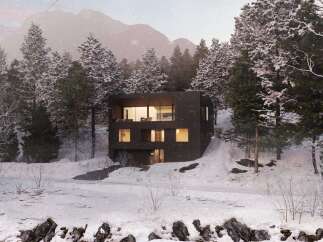 This stunning modern home is nestled in a serene, snow-covered forest, offering a perfect blend of luxury and nature.