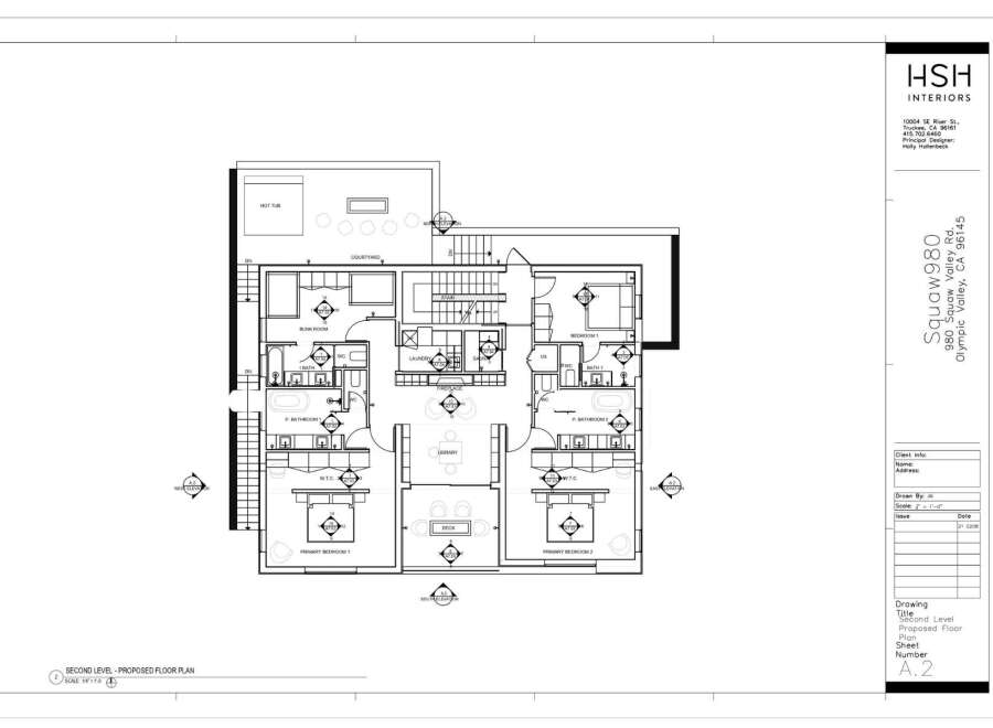 Explore the luxurious second-level floor plan of this stunning property, featuring a hot tub, courtyard, and multiple bedrooms.