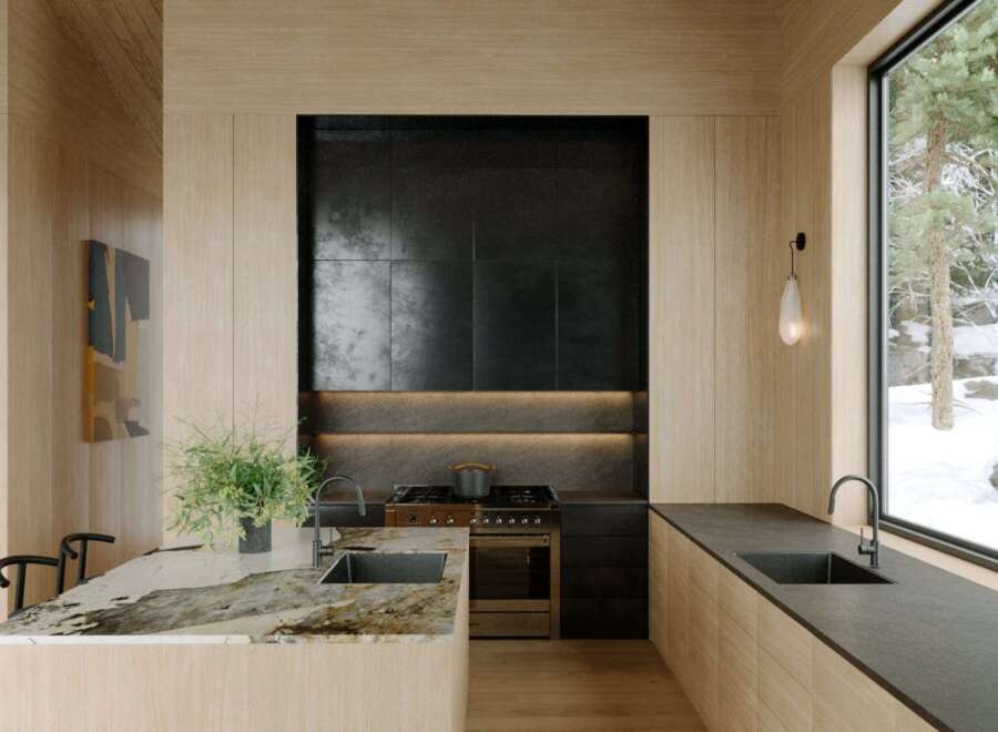 This stunning kitchen boasts a modern design with sleek black countertops and warm wooden cabinetry, creating a perfect blend of style and functionality.