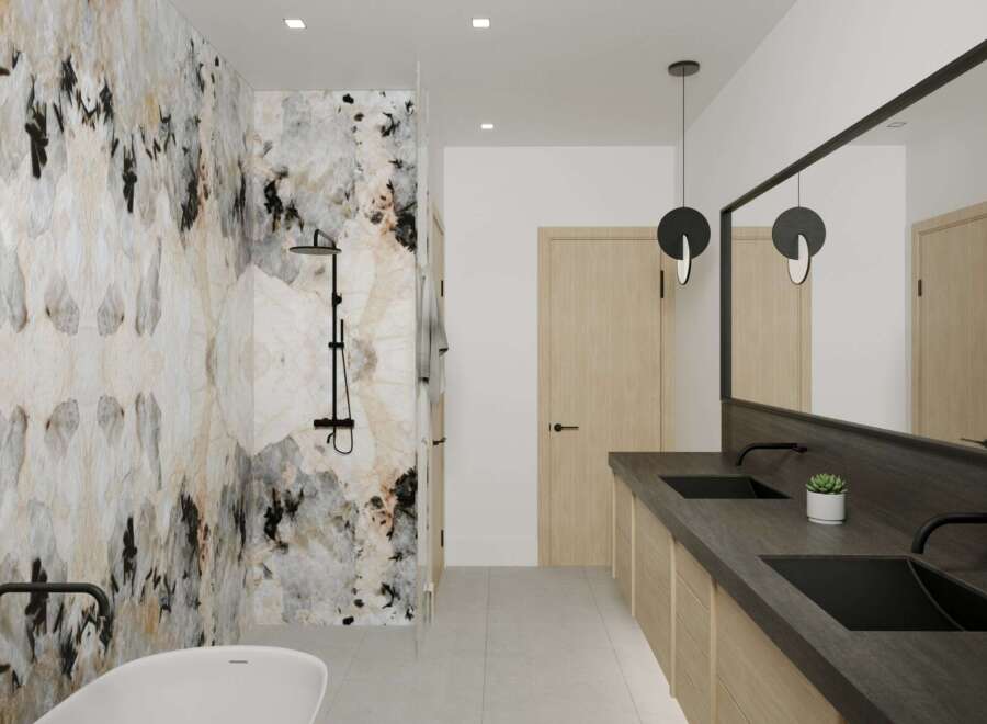 This stunning bathroom boasts a luxurious design with a striking marble accent wall.