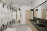 This stunning bathroom boasts a luxurious design with a striking marble accent wall.