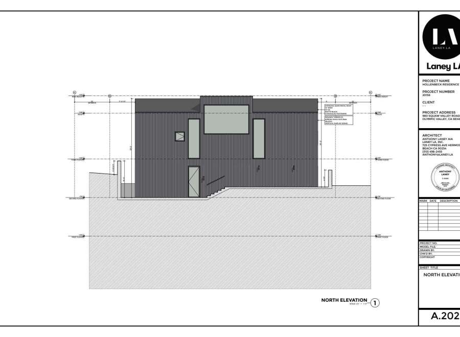 This architectural rendering showcases the North Elevation of the Hollenbeck Residence, a modern home design.