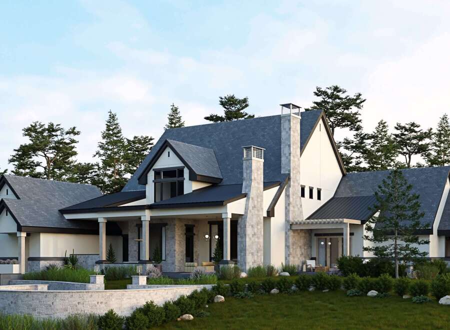 This stunning modern farmhouse boasts a striking exterior with a combination of stone and white siding.