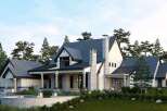 This stunning modern farmhouse boasts a striking exterior with a combination of stone and white siding.