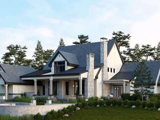 This stunning modern farmhouse boasts a striking exterior with a combination of stone and white siding.