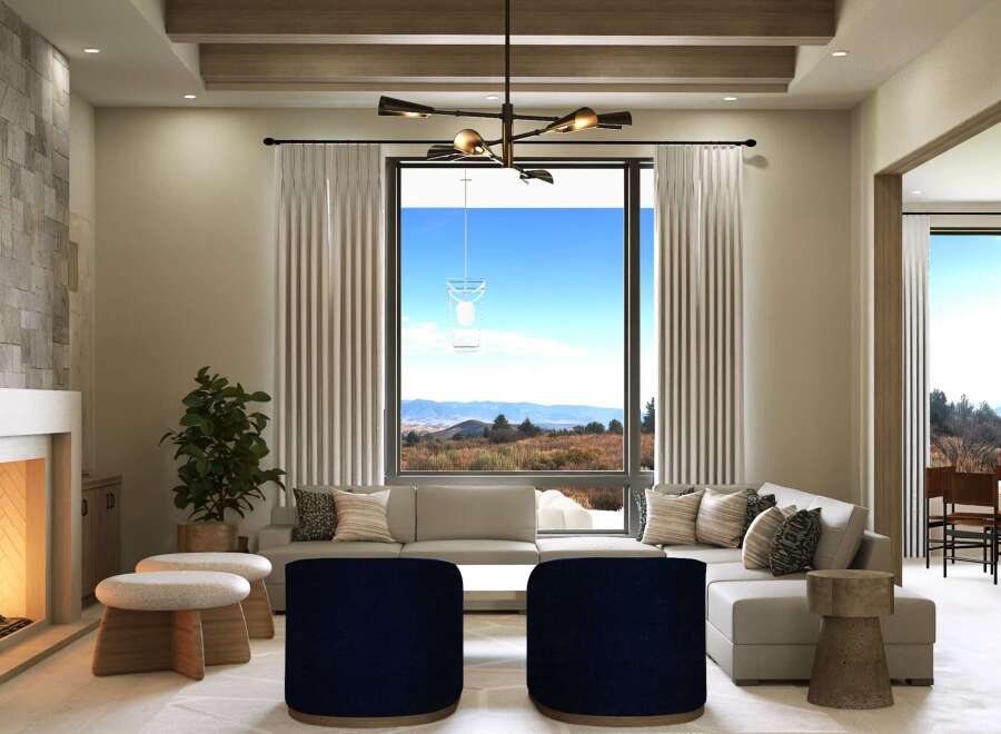 Experience luxury living in this stunning property, featuring a spacious living area with a cozy fireplace and a modern design.