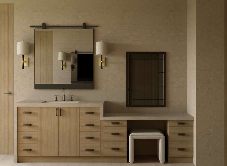 This luxurious bathroom features a modern vanity with ample storage and a sleek design.