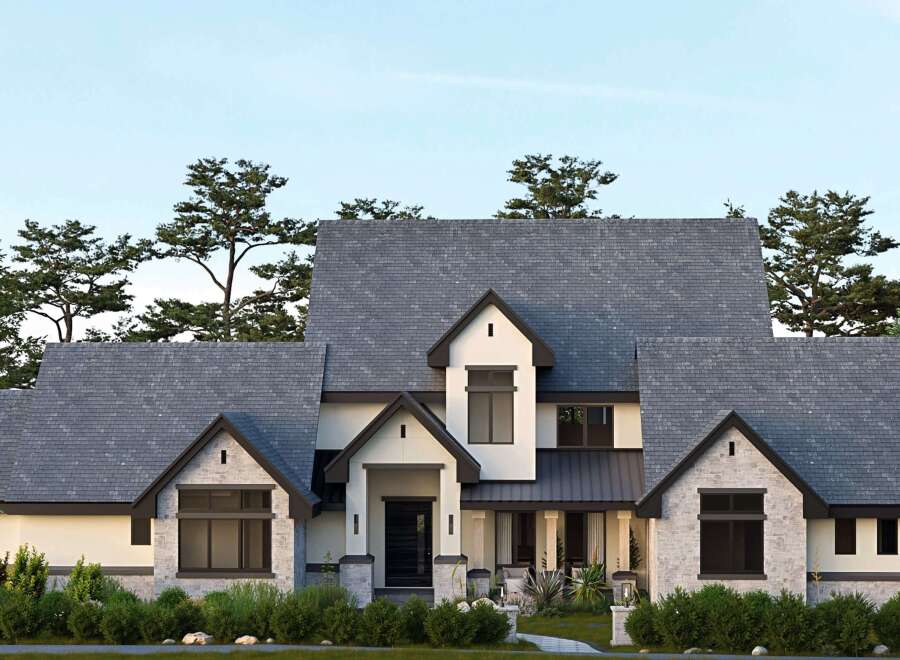 This stunning property boasts a modern architectural design with a beautiful stone facade and a slate roof.