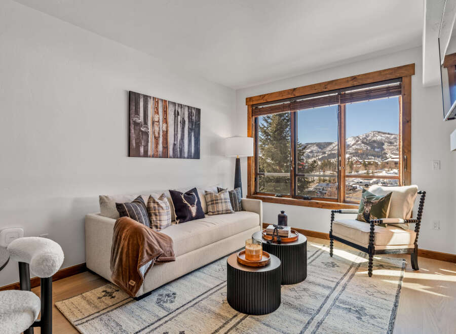 This stunning living room boasts a cozy ambiance with a comfortable sofa and stylish accent pillows.