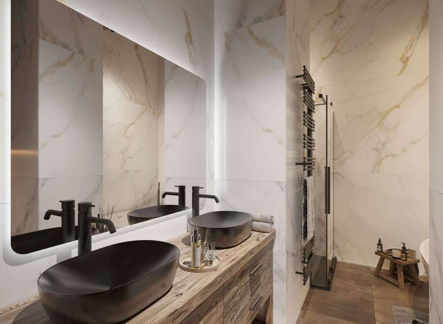 Experience luxury in this stunning bathroom, featuring sleek black sinks and faucets that contrast beautifully with the warm wooden vanity.