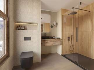 Experience luxury in this stunning bathroom, featuring a sleek black toilet and a modern shower with glass doors.