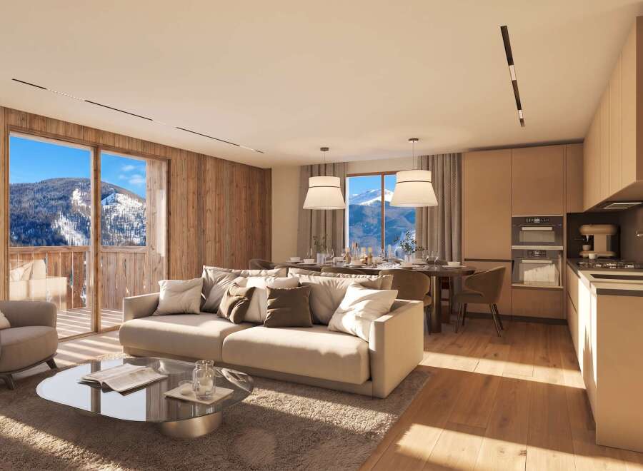 Experience luxurious mountain living in this stunning open-concept apartment, featuring a spacious living area with a plush sofa and armchair, perfect for relaxing after a day on the slopes.