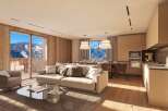 Experience luxurious mountain living in this stunning open-concept apartment, featuring a spacious living area with a plush sofa and armchair, perfect for relaxing after a day on the slopes.