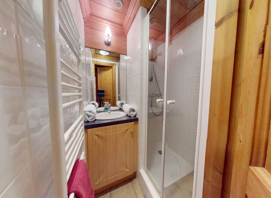 Step into this charming bathroom, featuring a well-lit vanity area and a modern shower enclosure.