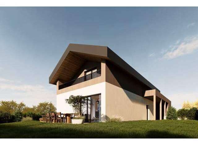 This modern home boasts a striking architectural design with a unique roofline and a blend of natural materials.