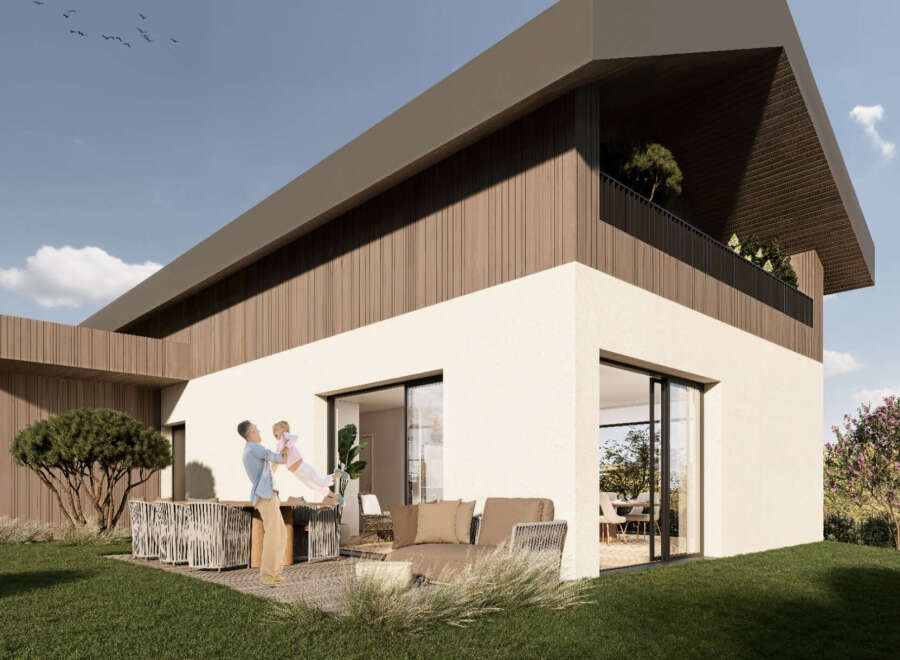 Experience modern living in this stunning home featuring a unique architectural design with warm wood accents and a spacious balcony.
