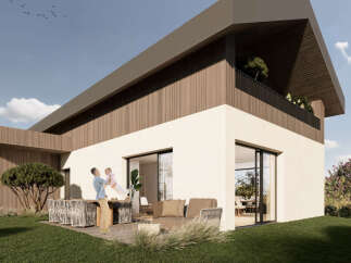 Experience modern living in this stunning home featuring a unique architectural design with warm wood accents and a spacious balcony.