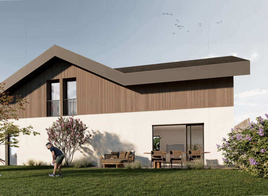 Experience modern living in this stunning home featuring a unique architectural design with warm wood accents and a crisp white facade.
