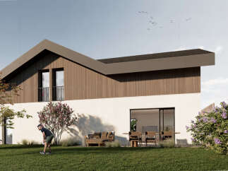 Experience modern living in this stunning home featuring a unique architectural design with warm wood accents and a crisp white facade.