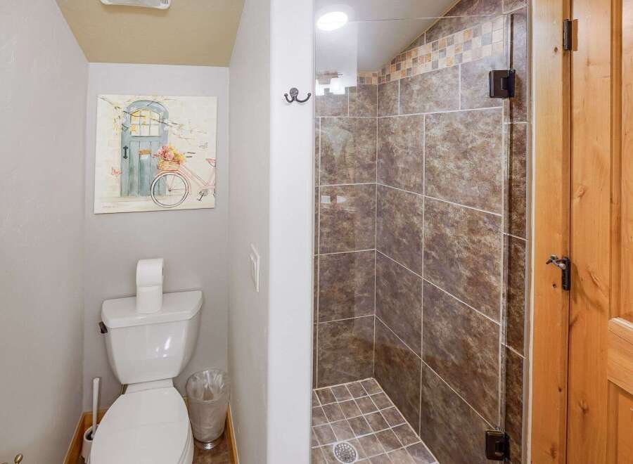 Step into this charming bathroom featuring a stylish shower and a cozy toilet area.