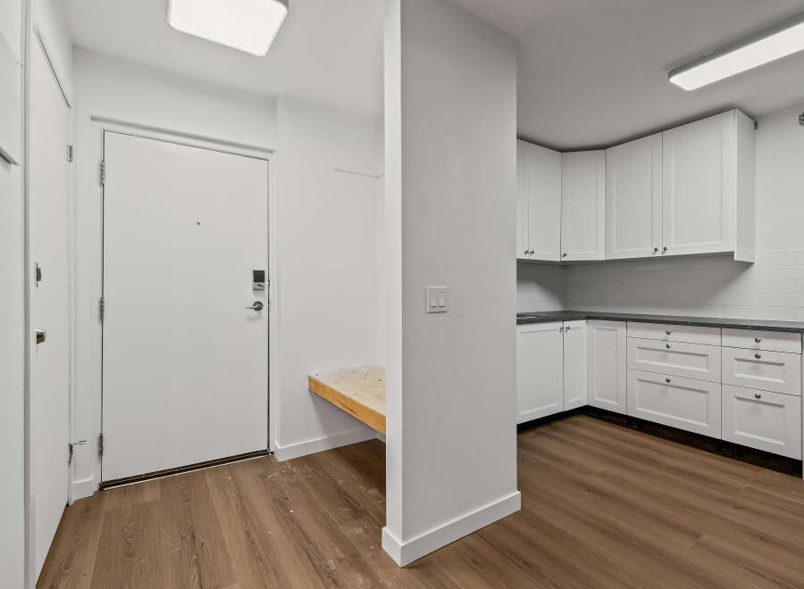 Step into this modern apartment featuring a bright entryway and a sleek kitchen.