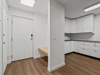 Step into this modern apartment featuring a bright entryway and a sleek kitchen.