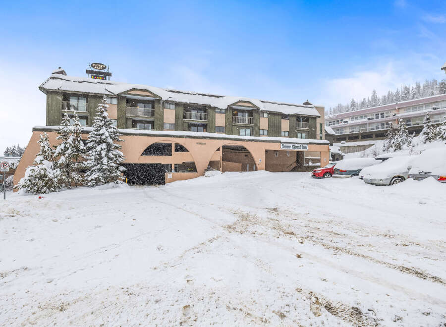 Nestled in a winter wonderland, this property showcases a charming exterior with snow-covered roofs and lush evergreen trees.